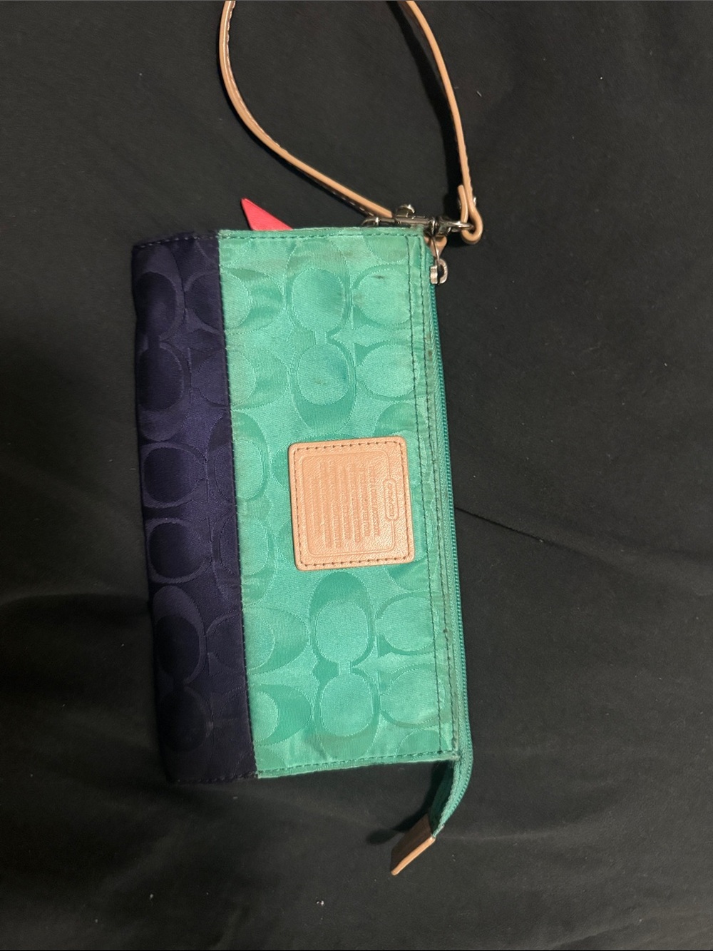Coach Green and Navy Signature Wristlet with Tan Strap